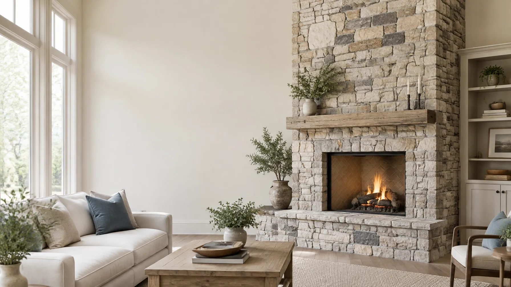 Natural stone fireplace in a bright living room